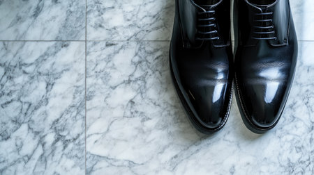Close-up view of elegant black formal shoes on a marble floor, showcasing glossy texture and sophisticated design. Ideal for fashion and style themes.の素材