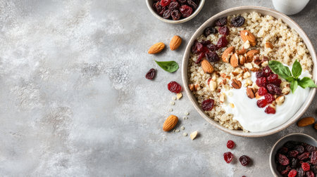 A nourishing breakfast bowl featuring quinoa, yogurt, nuts, and dried fruit, beautifully arranged on a rustic grey table. Ideal for healthy eating.の素材