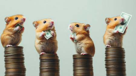 This adorable stock photo features cute hamsters holding dollar bills while perched atop stacks of coins, illustrating themes of money, savings, and playful finance.の素材