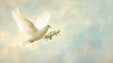 A beautiful white dove in flight with an olive branch symbolizes peace and harmony. The soft background creates a serene atmosphere perfect for various themes.の素材