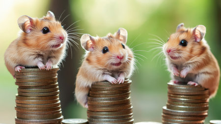Three adorable hamsters perched on stacks of coins create a whimsical scene. Bright colors and soft focus emphasize the playful nature and charm of these little pets.の素材