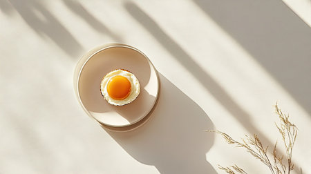 A beautiful dessert featuring a creamy base topped with a bright egg yolk, arranged elegantly on a minimal plate casting soft shadows, perfect for food enthusiasts.の素材