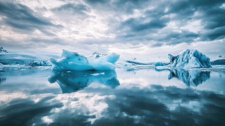 Stunning scene of icebergs reflecting in calm glacial waters under a dramatic sky. A perfect blend of nature's beauty and tranquility, ideal for outdoor enthusiasts.の素材