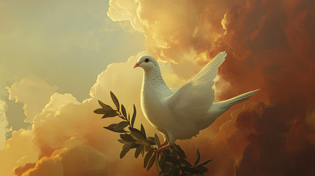 A stunning white dove stands elegantly on a branch, illuminated by soft sunlight against a dramatic sky filled with clouds, embodying peace and freedom.の素材