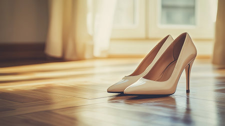 A pair of elegant white high heels poised on a wooden floor, illuminated by soft lighting. This stylish image captures the essence of fashion and sophistication in a tranquil setting.の素材
