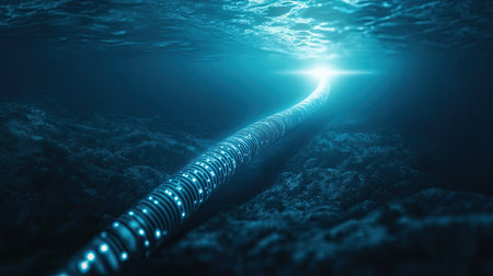 A captivating underwater scene showcasing a glowing cable in a tranquil blue ocean. The ethereal light provides a sense of depth and mystery.の素材