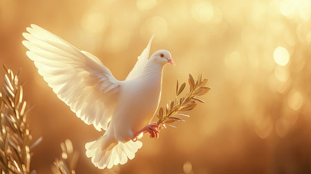 A stunning white dove gracefully flying with an olive branch, illuminated by soft golden light. This image evokes feelings of peace, hope, and serenity in nature.の素材