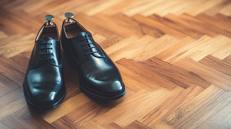 A pair of classic black leather dress shoes elegantly placed on a wooden floor, showcasing a polished finish and stylish design. Ideal for formal and business occasions.の素材
