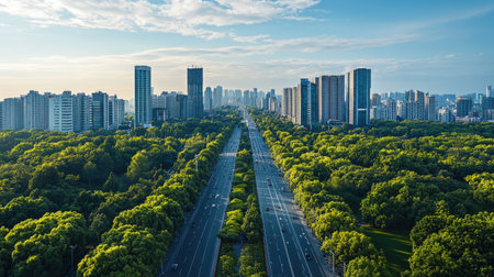 A breathtaking aerial view of a vibrant urban landscape showcasing modern buildings alongside lush greenery and a tranquil road stretching into the distance.の素材