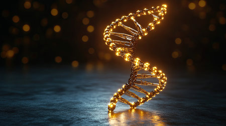 A stunning representation of a glowing DNA helix, intricately designed to showcase the beauty of genetics and molecular structure against a dark, shimmering background.の素材