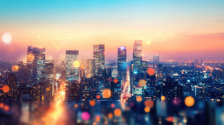 Stunning city skyline at sunset with bokeh lights creating a magical atmosphere. A breathtaking view of urban architecture against a colorful horizon.の素材