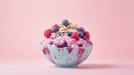 A vibrant dessert bowl featuring creamy yogurt topped with fresh berries, crunchy granola, and a delightful swirl of colors against a soft pink background. Perfect for summer!の素材