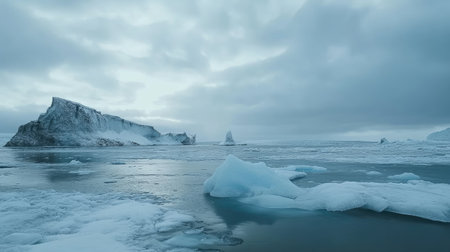 Stunning view of a serene icy landscape showcasing glaciers and icebergs emerging from a calm ocean under a moody cloudy sky. Perfect for nature enthusiasts.の素材