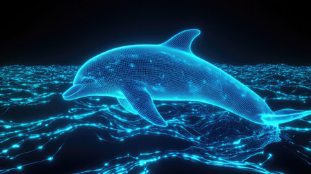An artistic representation of a dolphin swimming in a vibrant neon ocean. This digital illustration combines technology and nature, showcasing fluid movement and depth.の素材