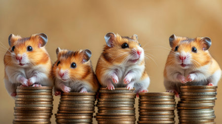 Four charming hamsters sit atop stacks of coins, showcasing their playful nature. This whimsical scene highlights the cuteness of pets while symbolizing finance and savings.の素材