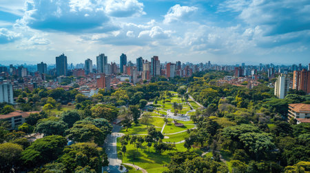 Discover a stunning aerial view of a vibrant urban park surrounded by a bustling city skyline. Lush greenery, towering buildings, and a bright blue sky create a picturesque scene for relaxation and outdoor enjoyment.の素材