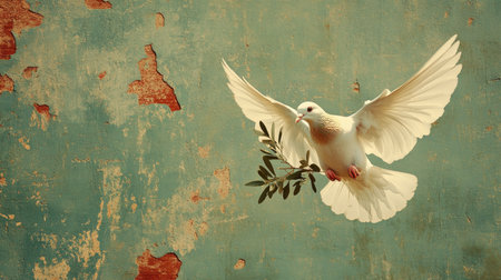 A stunning image of a white dove soaring gracefully with an olive branch, set against a rustic blue wall. This photograph captures themes of peace, freedom, and tranquility.の素材
