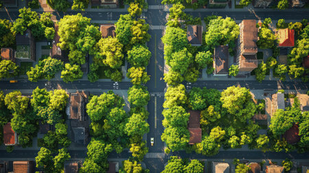 This aerial image captures an urban neighborhood, showcasing vibrant greenery and tree-lined streets. It highlights the harmony between nature and city living.の素材
