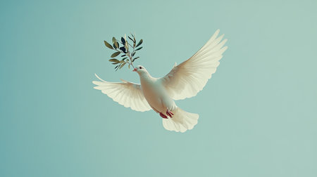 A white dove gracefully soars through a soft blue sky, holding an olive branch in its beak. This serene image symbolizes peace, hope, and purity, embodying tranquility.の素材