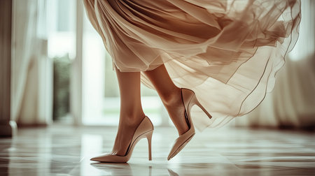 A graceful woman showcases elegant high heels in a soft-lit indoor setting, capturing luxury and feminine beauty in motion, ideal for fashion or lifestyle themes.の素材