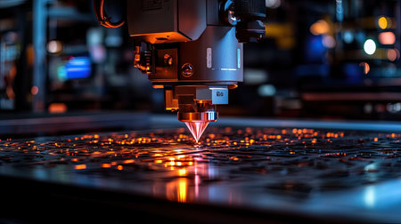 A close-up view of a precision laser cutting machine in action, showcasing its capabilities in a modern industrial workshop environment. The glowing elements emphasize the intricate cutting process.の素材
