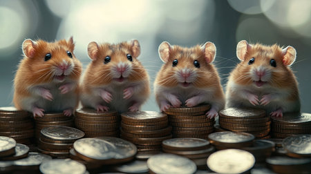 Four cute hamsters sit on shiny coins, showcasing playful expressions against a soft blurred background. This charming scene captures their adorable nature and love for fun.の素材