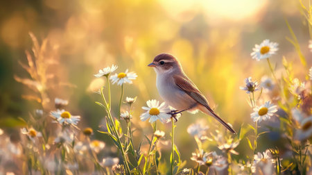 A tranquil scene featuring a small bird perched on a daisy among vibrant wildflowers. Soft sunlight creates a serene atmosphere, capturing nature's beauty.の素材