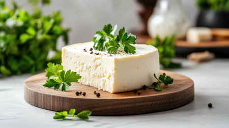 A fresh cheese block displayed on a wooden board, garnished with parsley and pepper. This image captures natural ingredients, perfect for culinary use.の素材