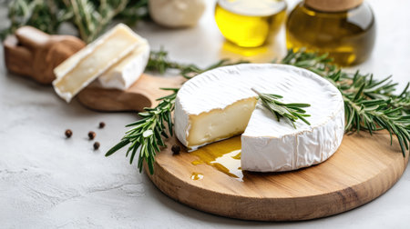 A beautifully arranged soft cheese with olive oil drizzled on top, garnished with fresh rosemary and set on a wooden board, perfect for culinary presentations.の素材