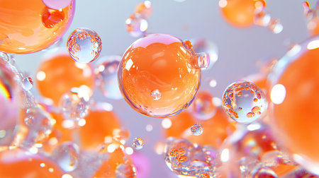 This image features a mesmerizing collection of colorful orange and clear bubbles floating in a soft abstract background, invoking a sense of freshness and beauty.の素材