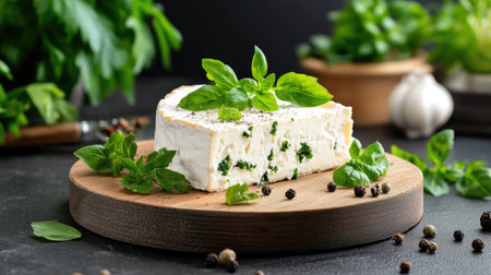 A vibrant display of creamy cheese topped with fresh basil leaves on a wooden board, showcasing the beauty of natural ingredients in a culinary setting.の素材