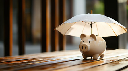 A piggy bank sits under a small umbrella on a wooden table, symbolizing financial security and protection for savings. This image conveys the importance of budgeting and safeguarding personal finances.の素材