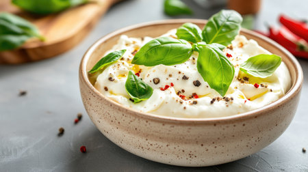 A vibrant image showcasing creamy burrata cheese topped with fresh basil and spices in a rustic bowl, perfect for gourmet dishes and culinary inspiration.の素材