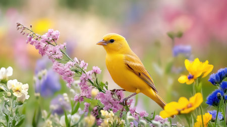 A vibrant yellow bird gracefully perches among a stunning display of colorful flowers, capturing the essence of spring in a peaceful meadow setting.の素材