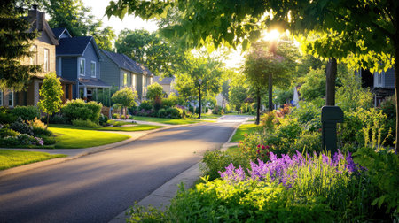 A tranquil residential street bathed in warm sunlight, showcasing vibrant flowers and lush greenery, perfect for evoking feelings of peace and charm in a neighborhood setting.の素材
