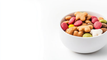 A vibrant assortment of colorful cookies in a white bowl against a clean background, perfect for showcasing delightful snacks and desserts.の素材