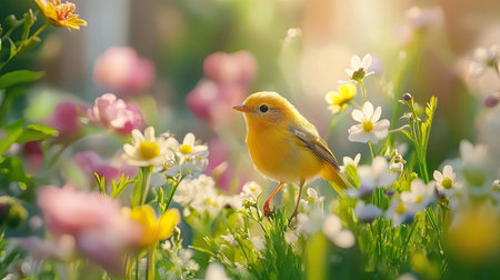 A delightful yellow bird stands among a variety of colorful flowers in a bright garden, evoking a sense of tranquility and joy in nature's embrace.の素材