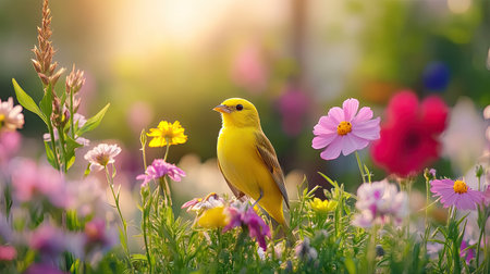 A bright yellow bird stands gracefully among a variety of colorful flowers in a serene garden, capturing the essence of nature's beauty during springtime.の素材