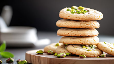 Enjoy a visually appealing stack of delicious cookies studded with crunchy pistachio nuts. Perfect for dessert lovers and any festive occasion.の素材