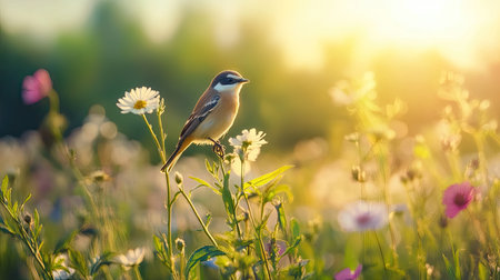 This stunning image features a solitary bird perched atop flowers, bathed in soft sunlight. It perfectly captures the serenity and beauty of nature in a tranquil setting.の素材
