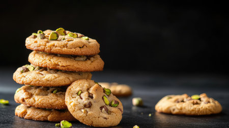 A stack of freshly baked cookies featuring chocolate chips and pistachios sits on a dark surface, evoking warmth and indulgence for every occasion.の素材