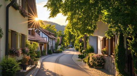 A serene village street at sunset, featuring charming homes adorned with flowers and lush trees. A peaceful and picturesque setting inviting relaxation and exploration.の素材