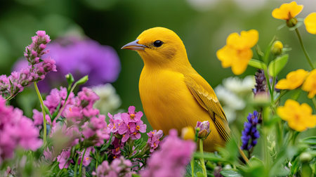 A bright yellow bird perched elegantly among a variety of colorful flowers, creating a stunning and serene garden scene that captures the essence of nature.の素材