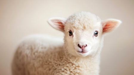 A charming young lamb features fluffy wool, gentle expression, and bright eyes. This delightful portrait captures the innocence and warmth of farm life.の素材