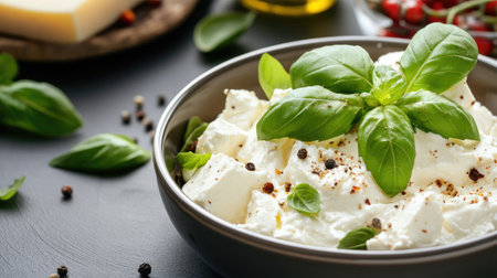 A beautifully arranged bowl of creamy cheese topped with fresh basil leaves showcases rich textures and colors, perfect for culinary inspiration and healthy recipes.の素材
