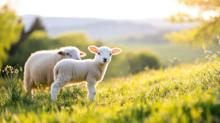 A cute lamb stands proudly in a vibrant green meadow, bathed in soft morning sunlight. This peaceful rural scene captures the beauty of nature and farm life.の素材