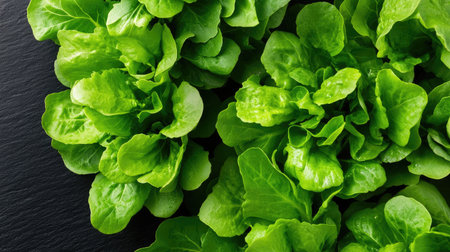 A close-up view of fresh green lettuce leaves arranged elegantly on a dark background, perfect for highlighting healthy eating habits and vibrant meal preparations.の素材