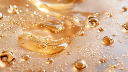 This close-up image portrays a shimmering golden liquid with bubbles, creating a captivating and luxurious feel. The smooth texture and warm tones emphasize elegance and beauty.の素材