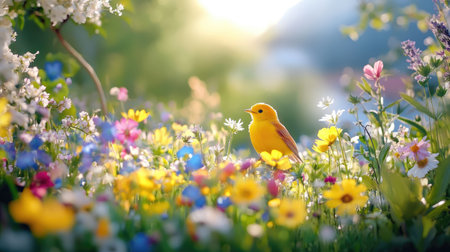 A bright yellow bird sits gracefully amidst a vibrant array of wildflowers in a lush garden, capturing the essence of spring and natural beauty.の素材