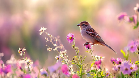 A beautiful bird rests on a bright pink flower, surrounded by a vibrant meadow. The soft lighting creates a serene and enchanting atmosphere in nature.の素材